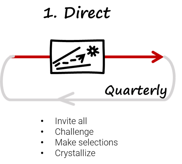 Phase 1. Direct of Stradigo’s strategy process framework. Quarterly rotation. Invite all, challenge, make selections, and crystallize.