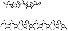 Drawing of a group of five men being excited and cheering near a large group of people who are not excited.