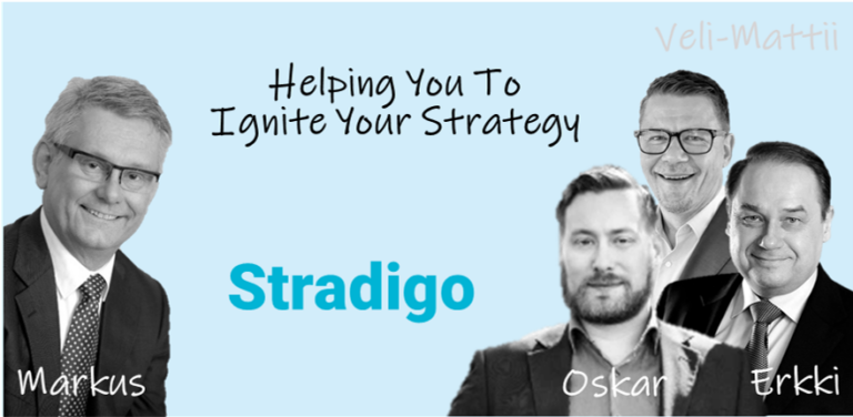 Banner with blue Stradigo logo, black text: Helping You To Ignite Your Strategy and four Strategy Consultants Markus, Oskar, Veli-Matti & Erkki.