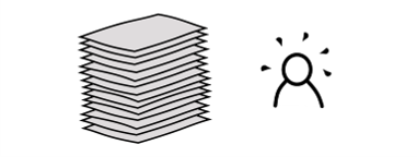 A large stack of papers representing tasks that need to be done and a drawing of a person standing nearby sweating about this list of tasks.