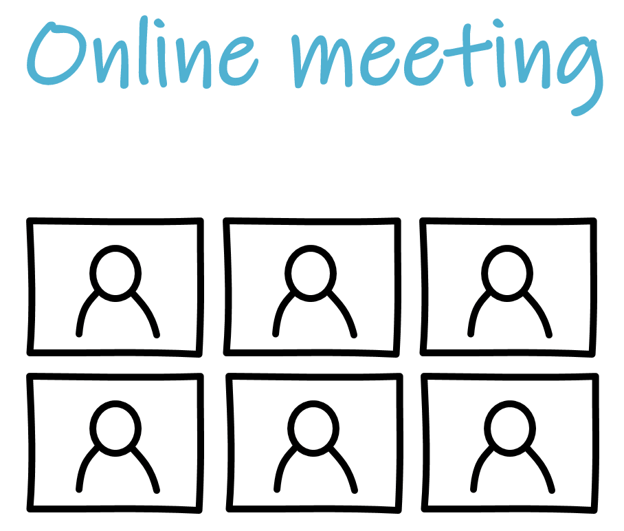 Drawing of an online meeting with six different people. Drawing also contains the text: “Online meeting”