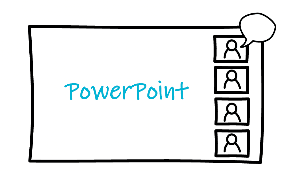 Drawing of a screenshare of a “PowerPoint” slide during an online meeting with four people. One person is speaking.