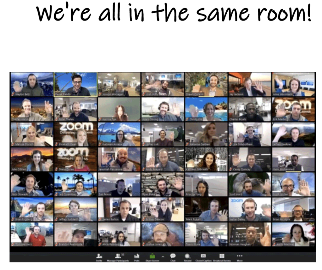 Screenshot of a Zoom meeting & Text: "We’re all in the same room!”