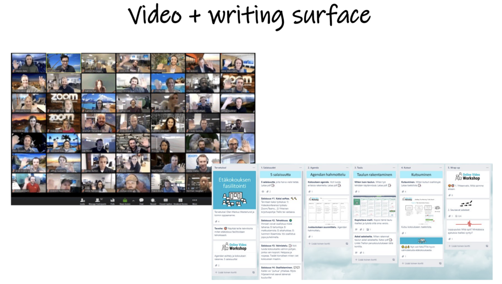 Screenshot of a Zoom meeting, Trello board & Text: “Video + writing surface”