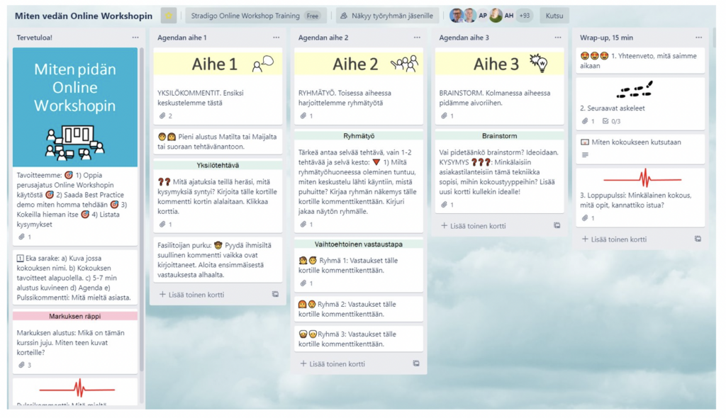 Screenshot of a Trello board with the contents of the board in Finnish. The screenshot relates to an Online Workshop.