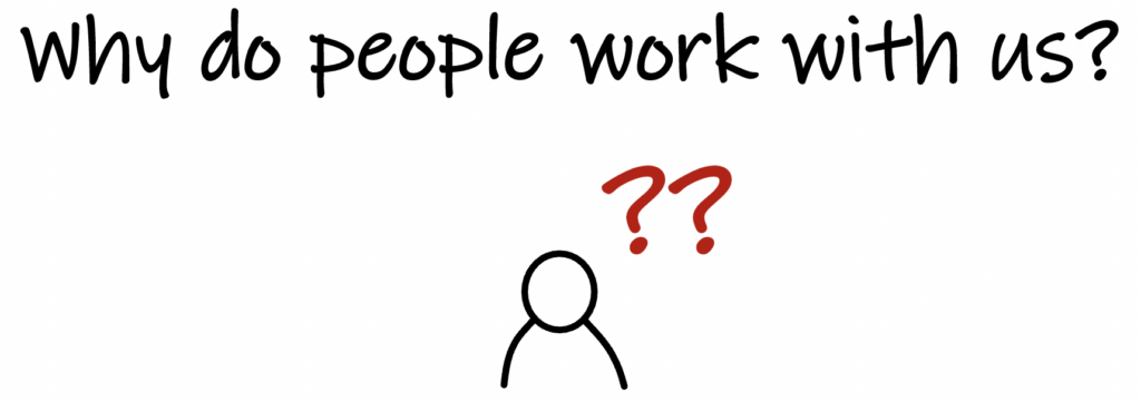 Drawing of a person with two red question marks hovering above. Text: “Why do people work with us?”