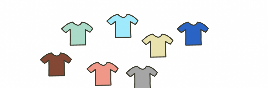 Simple drawing of seven t-shirts of different colors, meaning an individual has several roles.