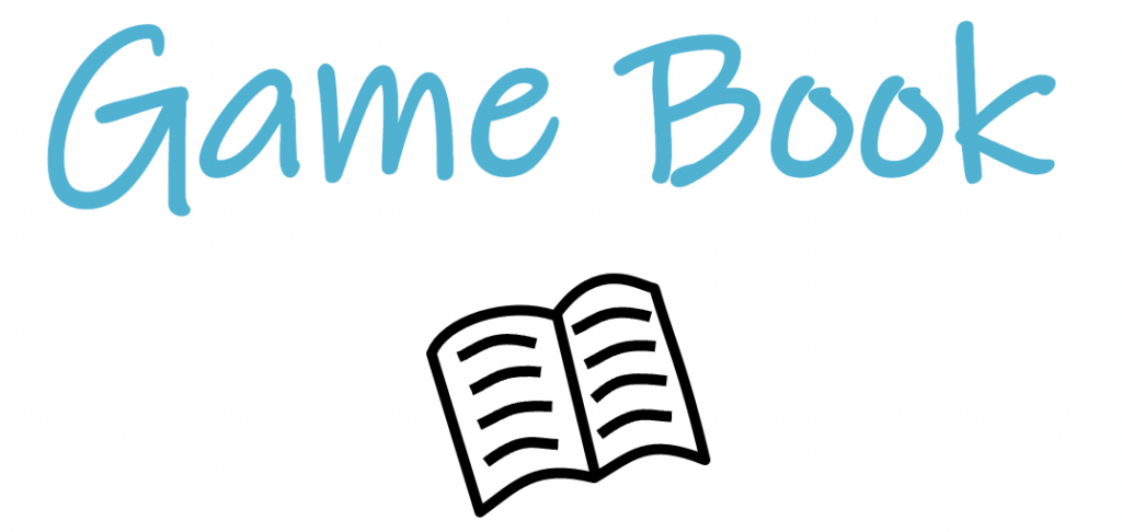 The text “Game Book” in the color indigo written above a drawing of an open book.