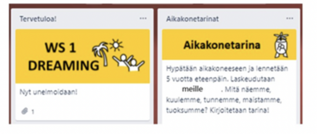 A cropped screenshot (in Finnish) from a Trello board that was used during the first workshop in the strategy process, centered on dreaming.