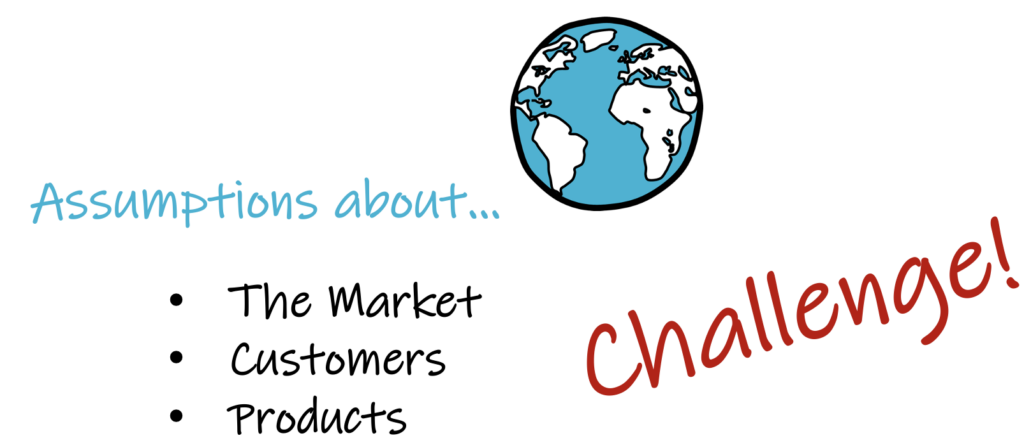 Drawing of the globe and text: “Assumptions about the market, customers, products. Challenge!”