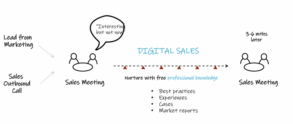 Figure describing the describes the lead nurturing process that begins with marketing efforts.