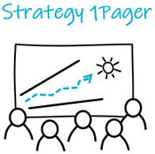 In this drawing five people look at a Strategy 1Pager. The 1Pager includes a sector, a sun and an indigo arrow pointing at the sun.
