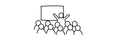 Simple drawing of a person holding a presentation in front of a large team. This represents selling the idea of the new strategy to the organization.