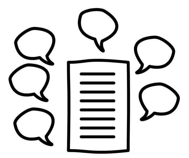 Drawing of a to-do list and speech bubbles. The speech bubbles represent a discussion about the to-do list in the form of automatic reporting.