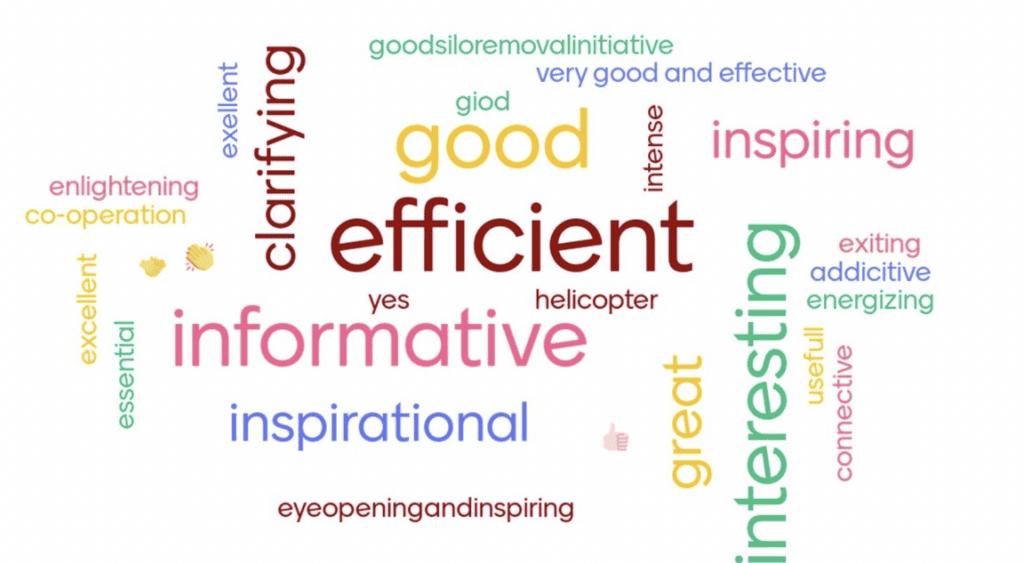 Word cloud “How was the strategy meeting?”. Text: “Efficient, good, very good and effective, good silo removal initiative, intense, inspiring, interesting, exiting, addictive, energizing, useful, connective, great, eye opening and inspiring, inspirational, informative, helicopter, yes, essential, excellent, co-operation, enlightening, clarifying.”