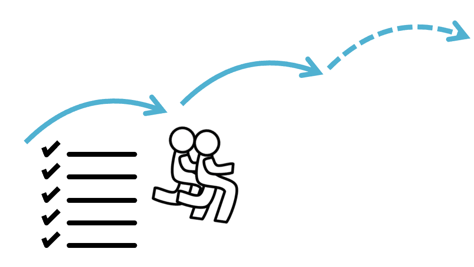 Two persons running and three consecutive arrows making three separate leaps. These arrows represent business horizons.