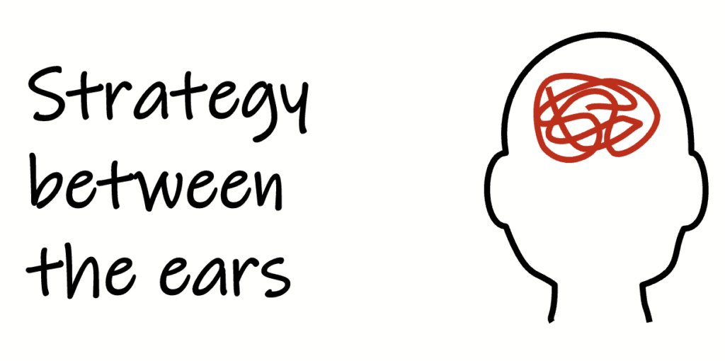 Drawing of a human head with mess inside the head represented by a red line. Text: “Strategy between the ears”