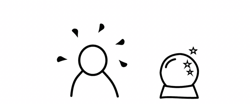 Drawing of a person that is sweating and who is looking into a crystal ball.