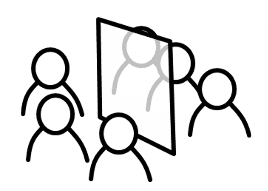 Drawing of two groups of people looking at each other through a transparent screen.