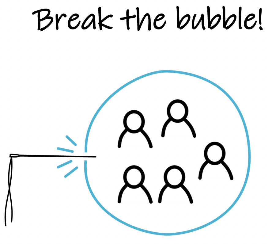 Text: “Break the bubble!” and a drawing of a needle popping a bubble that contains five people.