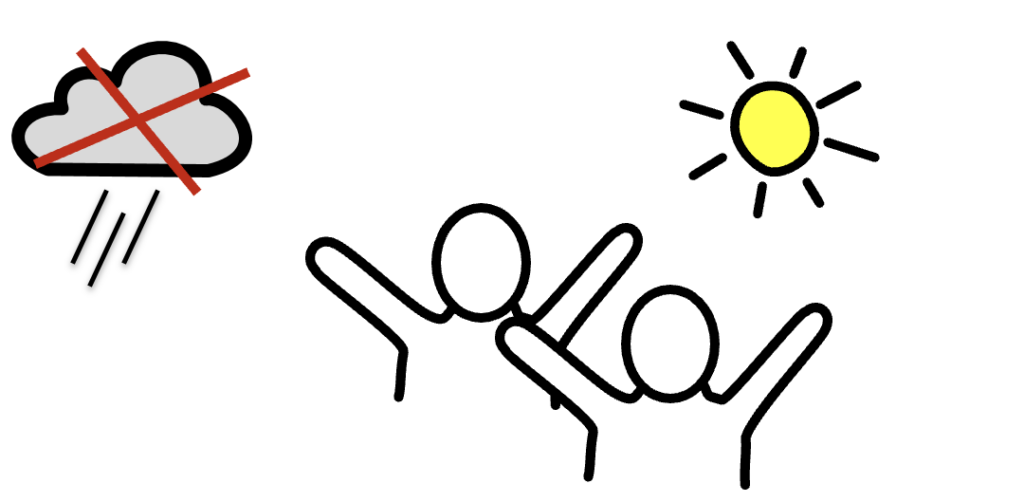 Drawing of a person cheering and a sun. Text: “Hear the part in which they tank you”