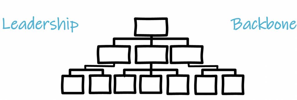 Organizational chart hierarchy with boxes in black on three levels. Leadership written to the left and Backbone to the right.