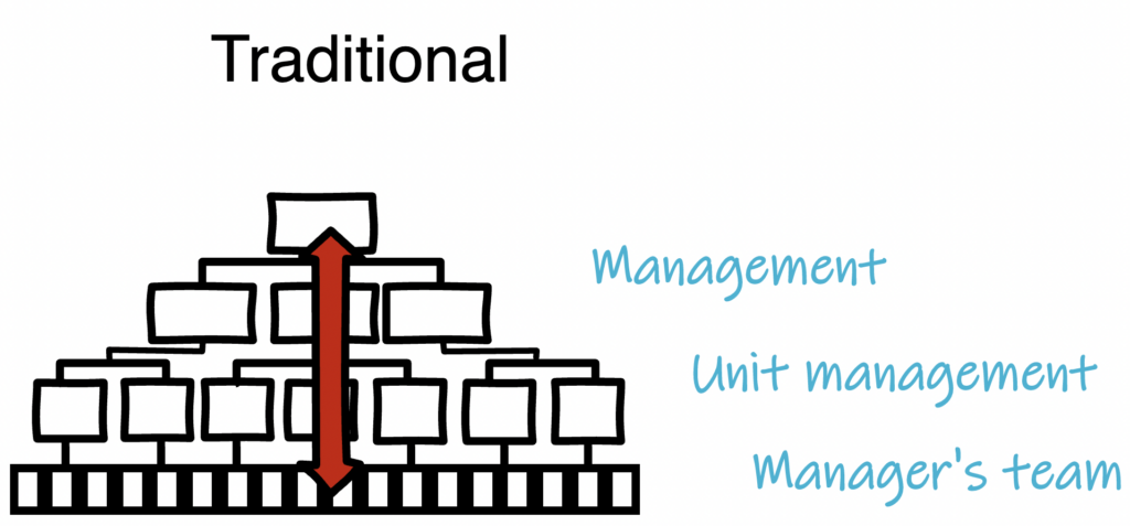 Traditional organizational chart of 3 levels with a red arrow from top to bottom. Levels are named: management, unit management & manager’s team.