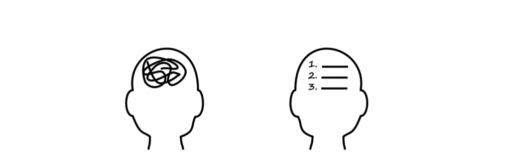Drawing of two persons. One has a mess in the head the other has clear structure, conveying that people process information differently.