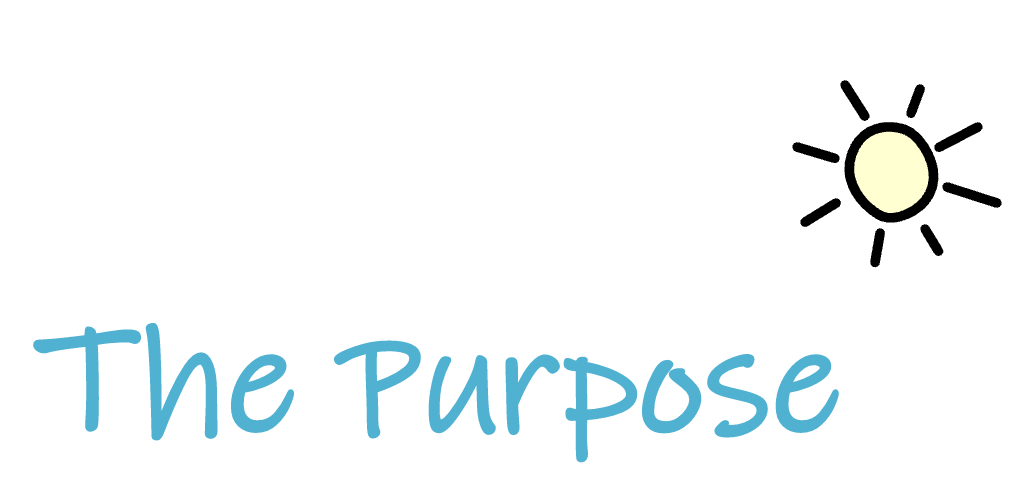 Text in indigo colors: “The Purpose”. A drawing of a sun is placed above the text.