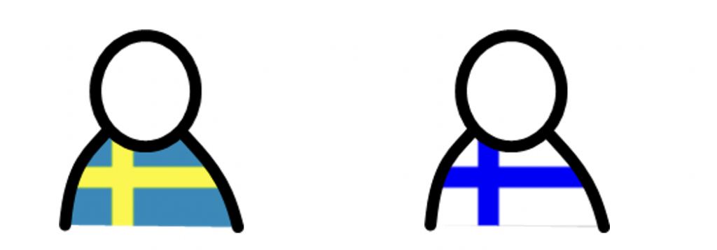 Drawing of two people. One person wears the colors of the Swedish flag and the other person wears the colors of the Finnish flag.