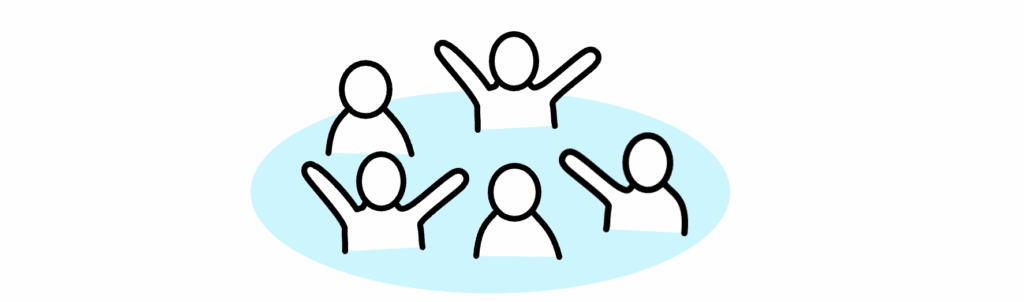 A group of people standing on a blue circle. Some of the people are cheering, representing sensing customer’s worries and responding.