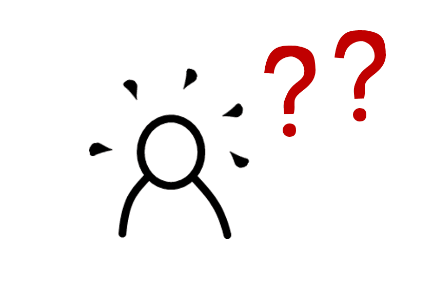 Drawing of a person with sweat drops flying around the head. Two red questions marks hover nearby. The drawing relates how to create a good strategy.