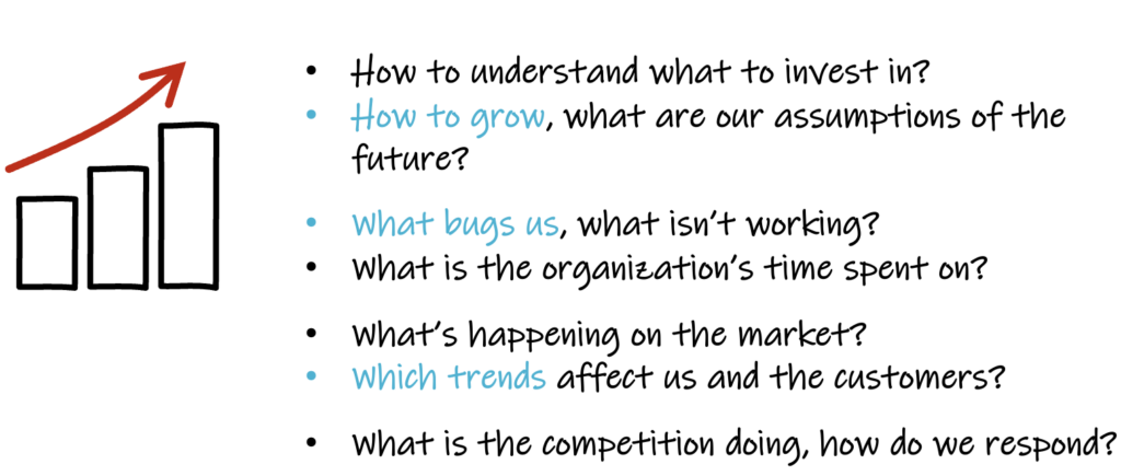 Figure about strategy questions. Text: “How to understand what to invest in? How to grow, what are our assumptions of the future? What bugs us, what isn’t working? What is the organization’s time spent on? What’s happening on the market? Which trends affect us and the customers? What is the competition doing, how do we respond?”