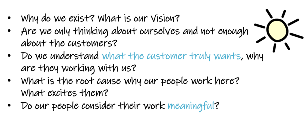 Our purpose for our customers? Drawing of a sun & text: “Why do we exist? What is our vision? Are we only thinking about ourselves and not enough about the customers? Do we understand what the customer truly wants, why are they working with us? What is the root cause why our people work here? What excites them? Do our people consider their work meaningful?”
