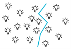 Drawing of a large cluster of light bulbs. The light bulbs are divided into two parts with a blue line.