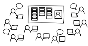 Drawing of a digital dashboard surrounded by people sitting in front of different laptops, representing a gathering during an online meeting.