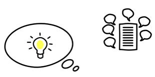Drawing of a thought bubble with a lightbulb and a drawing of a list with speech bubbles, representing a poll sent to the manager.