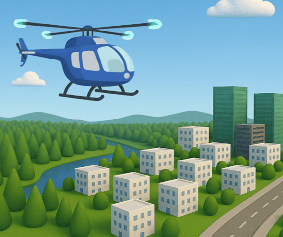 Ilmakuva tyylitellystä kaupunkimaisemasta, jossa sininen helikopteri lentää valkoisten rakennusten yläpuolella. Rakennukset ovat selkeästi erottuvia ja sijoitettu kaarevan tien varrelle. Taustalla näkyy korkeampia vihreitä rakennuksia, metsää, joki ja kukkuloita. Taivas on sininen ja pilvinen. Helikopterissa on kirkkaat siniset valot roottorissa ja perässä, jotka erottuvat selkeästi. Kuvan kontrasti ja värimaailma tukevat visuaalista hahmottamista.