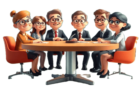 Piirretty kuva kuudesta liiketoiminnan ammattilaisesta, jotka istuvat pyöreän neuvottelupöydän ääressä oransseissa toimistotuoleissa. He keskustelevat papereiden ja kynien äärellä, ilmeiltään innostuneita ja yhteistyöhaluisia. Kuva kuvastaa Stradigon 10xKokemus™-strategiaprosessia, jossa johto ohjaa mutta ihmiset vievät muutosta eteenpäin. Digifasilitointi ja tekoäly tukevat oivallusten syntyä, mutta päätökset tehdään yhdessä – tehokkaasti, hallitusti ja osallistavasti.