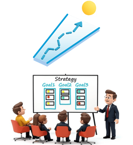Ylhäältä jaetussa kuvassa yläosassa näkyy sininen ylöspäin suuntautuva nuoli ja paperilennokki, joka lentää kohti keltaista aurinkoa – symboloiden strategian nousua ja suuntaa. Alaosassa viisi piirrettyä hahmoa istuu punaisissa tuoleissa katsomassa esitystä, jossa yksi hahmo esittelee taulua otsikolla "Strategy". Taulussa on kolme saraketta: Goal1, Goal2 ja Goal3, joissa on värillisiä tilamerkkejä (vihreä, keltainen, punainen). Kuva havainnollistaa Stradigon Kapteeniprosessia, jossa strategian toteutus etenee rytmitetysti, näkyvästi ja digitaalisesti – kapteenien johdolla, tavoitteiden seurannalla ja selkeillä mittareilla.